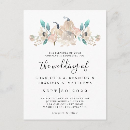 クリームパンプキンアンドユーカリ秋シック招待状 ポストカード (正面)