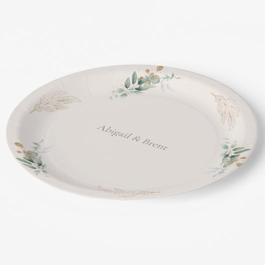 クリームパーソナライズされたと金ゴールド結婚の葉 ペーパープレート (アングル)