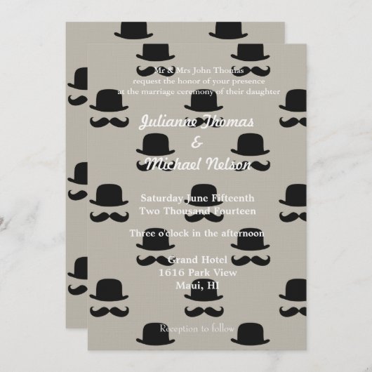 クリームヒップスターの帽子と口結婚髭 招待状 (正面/裏面)