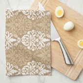 クリームビクトリアン金ゴールドヴィンテージダマスクレースパターン キッチンタオル (四つ折り)