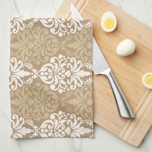 クリームビクトリアン金ゴールドヴィンテージダマスクレースパターン キッチンタオル (四つ折り)