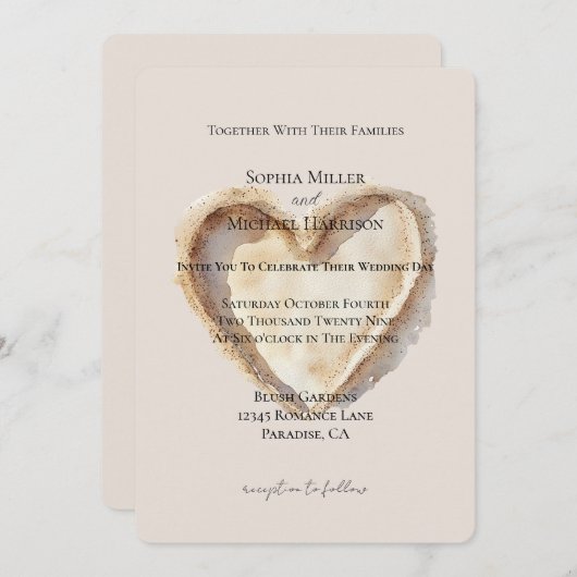 クリームビーチハートを砂結婚の 招待状 (正面/裏面)
