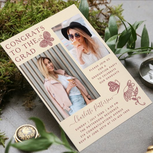 クリームピモダンックピンクバタフライ写真卒業パーティー 招待状