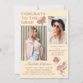 クリームピモダンックピンクバタフライ写真卒業パーティー 招待状 (正面)