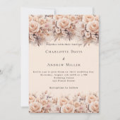 クリームピンクのバラの花のエレガントな結婚式 招待状 (正面)