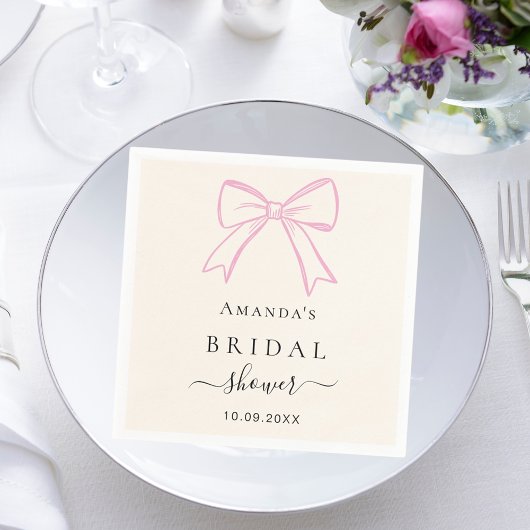 クリームピンクの手描きリボン ブライダルシャワー スタンダードカクテルナプキン