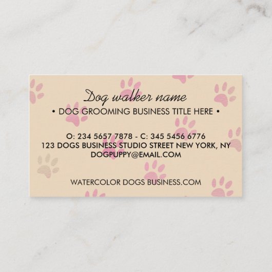 クリームピンクの肉球 犬 簡単なグルーマー ペットシッター 名刺 (裏面)