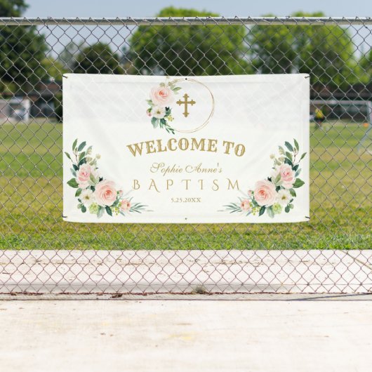クリームピンクの花金ゴールドバプテスムウェルカムサイン 横断幕 (インサイチュ)