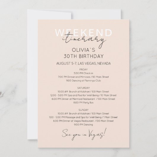 クリームピンクウィークエンド誕生日旅程招待状 招待状 (正面)