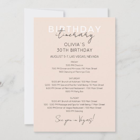 クリームピンクウィークエンド誕生日旅程招待状 招待状 (正面)