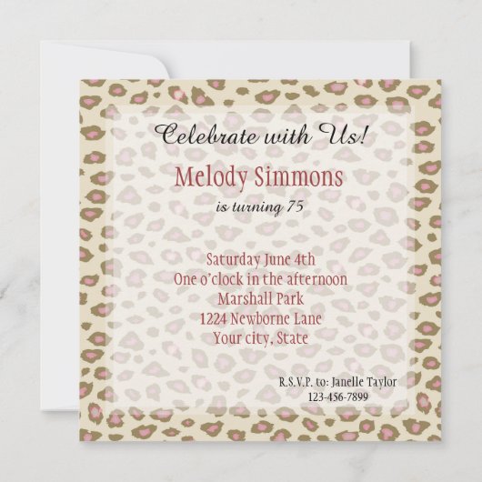 クリームピンクヒョウ印刷誕生日 招待状 (裏面)