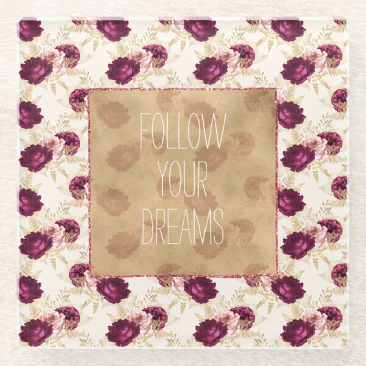 クリームピンクブルゴーニュフローラ引用文 ガラスコースター (正面)