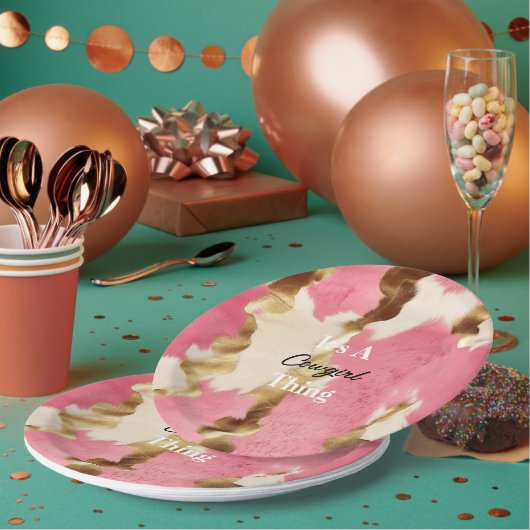 クリームピンク金ゴールド女性のカーボーイ牛革引用文誕生日 ペーパープレート (複数)