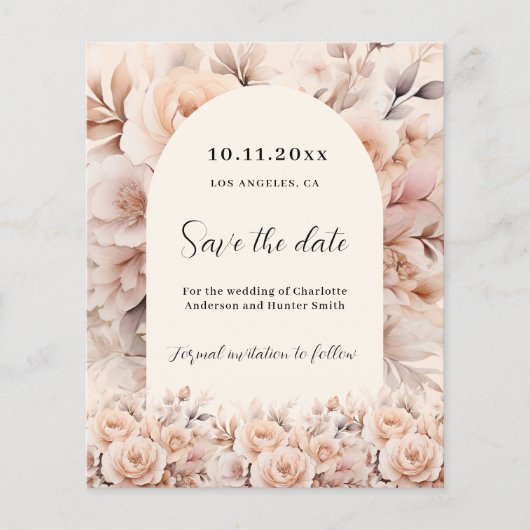 クリームピーチバラアーチ結婚式Save the Date card (正面)