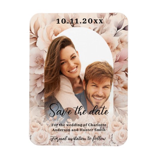 クリームピーチバラ写真のアーチ結婚式日付を保存 マグネット (縦)