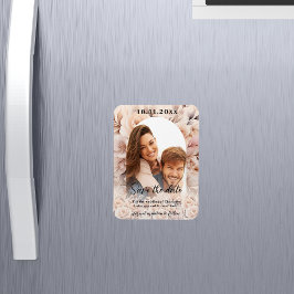 クリームピーチバラ写真のアーチ結婚式日付を保存 マグネット