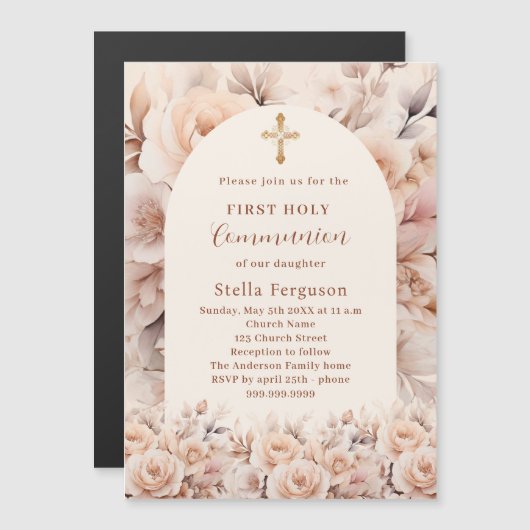 クリームピーチバラ花模様アーチファースト聖餐式 マグネット招待状 (正面/裏面)