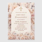 クリームピーチバラ花模様アーチファースト聖餐式 マグネット招待状 (正面)