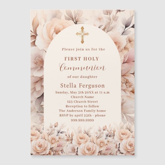 クリームピーチバラ花模様アーチファースト聖餐式 マグネット招待状 (正面)