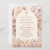 クリームピーチバラ花模様アーチファースト聖餐式 招待状 (正面)