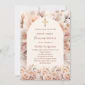 クリームピーチバラ花模様アーチファースト聖餐式 招待状 (正面)