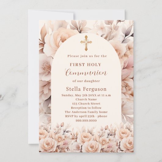 クリームピーチバラ花模様アーチファースト聖餐式 招待状 (正面)