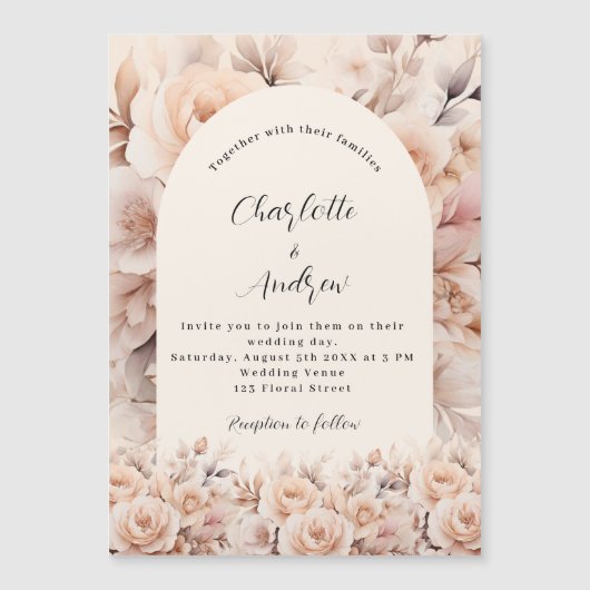 クリームピーチバラ花模様アーチラグジュアリー結婚ズ マグネット招待状 (正面)