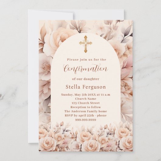 クリームピーチバラ花模様アーチ確認 招待状 (正面)