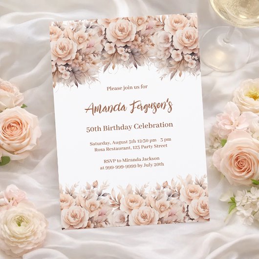 クリームピーチバラ花模様 招待状