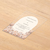 クリームピーチバラ金ゴールド花模様結婚アーチズ アクリル招待状 (レイダウン)