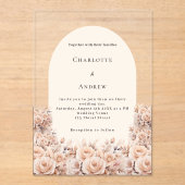 クリームピーチバラ金ゴールド花模様結婚アーチズ アクリル招待状 (正面)