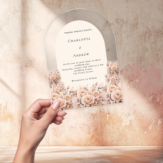 クリームピーチバラ金ゴールド花模様結婚アーチズ アクリル招待状