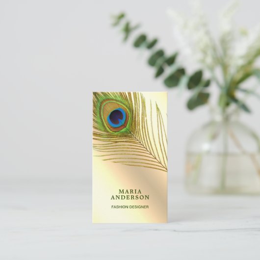 クリームフェイクゴールドフォイルグリーンインディアンピーコックフェザー 名刺 (スタンド正面)