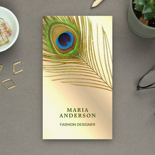 クリームフェイクゴールドフォイルグリーンインディアンピーコックフェザー 名刺