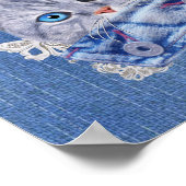 クリームフラワーレースと子猫のデニム ポスター (角)