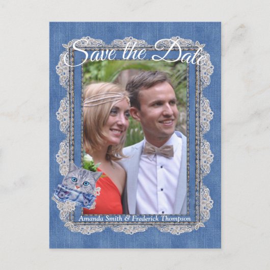 クリームフラワーレースと子猫のデニム 案内ポストカード (正面)