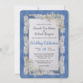 クリームフラワーレースと真珠のデニム 招待状 (正面)