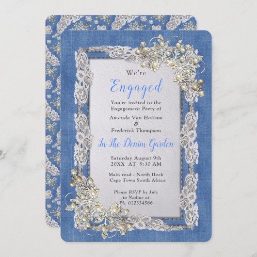 クリームフラワーレースと真珠付きデニム 招待状 (正面/裏面)