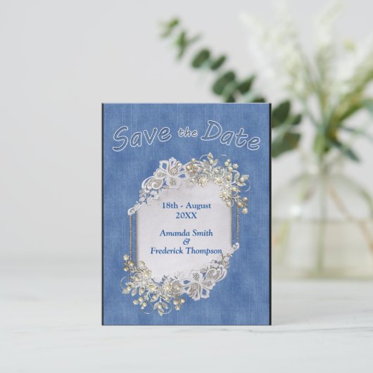 クリームフラワーレースと真珠付きデニム 案内ポストカード (スタンド正面)