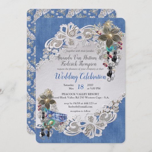 クリームフラワーレース付きデニム及びコスチュームジュエリー 招待状 (正面/裏面)