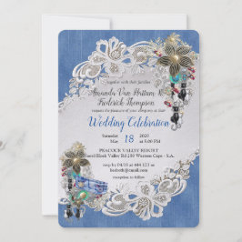 クリームフラワーレース付きデニム及びコスチュームジュエリー 招待状