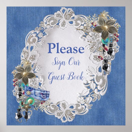 クリームフラワーレース付デニムとコスチュームジュエリー ポスター (正面)