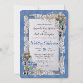 クリームフラワーレース付デニムとコスチュームジュエリー 招待状