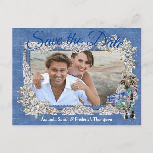 クリームフラワーレース付デニムとコスチュームジュエリー 案内ポストカード (正面)