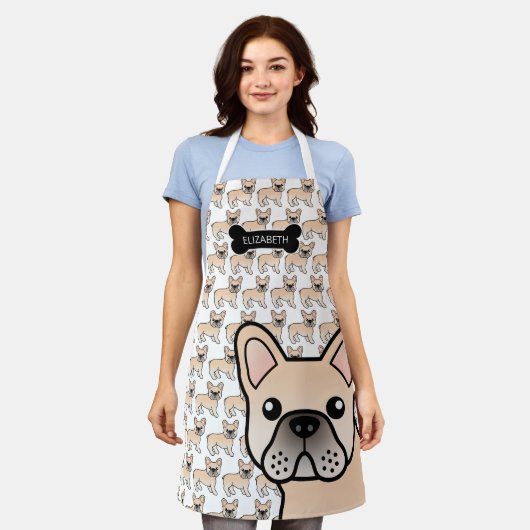 クリームフランスのブルドッグかわいい漫画の犬と名前 エプロン (着用した状態)