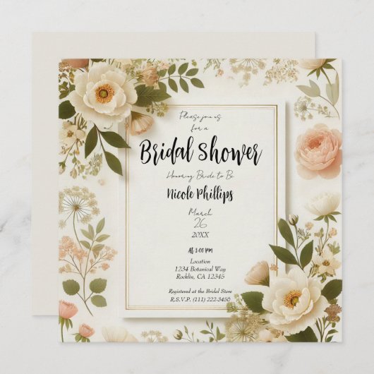 クリームフローラスクエアミニマルエレガントブライダルシャワー 招待状 (正面/裏面)