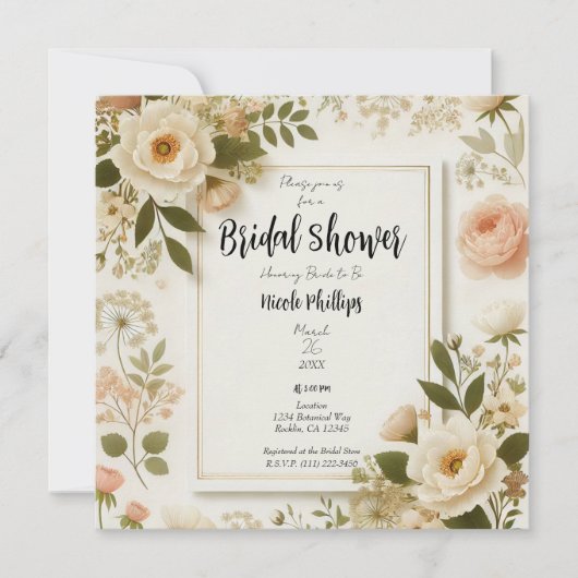 クリームフローラスクエアミニマルエレガントブライダルシャワー 招待状 (正面)