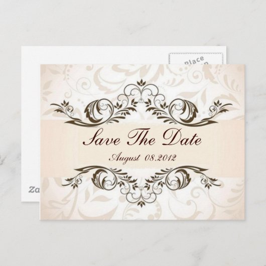 クリームフローラダマスク結婚式の日付を保存 案内ポストカード (正面/裏面)