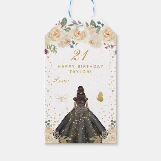 クリームフローラダークスキンガールハッピーバースデー ギフトタグ (正面)