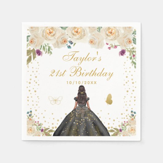 クリームフローラダークスキンガールバースデーパーティー スタンダードカクテルナプキン (正面)